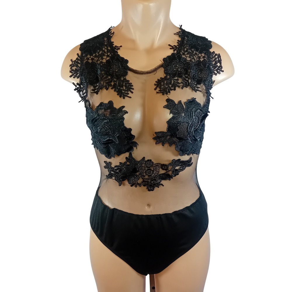 Banjul Floral Lace Mesh Bodysuit Sheer Nude Illusion Goth Party Sexy Festival L